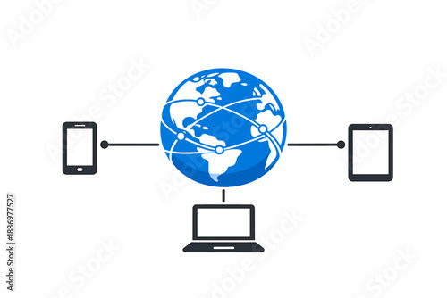 Global network connects devices such as laptops, smartphones, and tablets in a visual representation of the internet and communication systems linking different locations