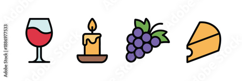 Elegant evening, essentials icon set featuring wine, candles, grapes, and cheese, ideal for upscale dining, romantic dinners, celebrations, and lifestyle or hospitality design projects.