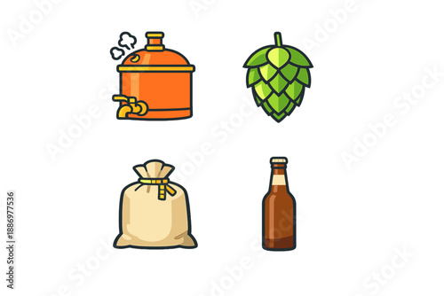 Brewing process with fermenter, hop cone, grain bag, and bottled beer in simple illustration style