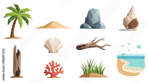 Collection of flat design beach and ocean elements for illustration