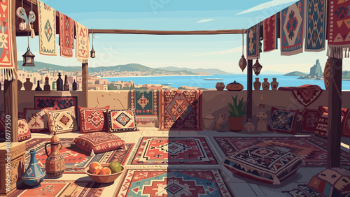 Rooftop terrace with colorful carpets and pillows overlooking a Mediterranean coastal town