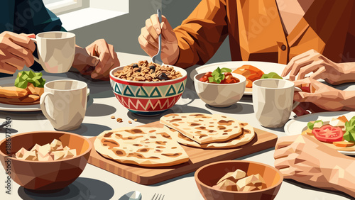 Family enjoying a healthy breakfast with granola, flatbread, and fresh fruit together