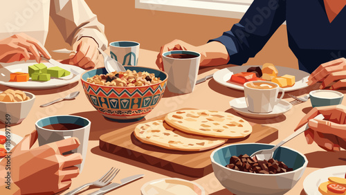 Family enjoying a healthy breakfast together around a table with various food options