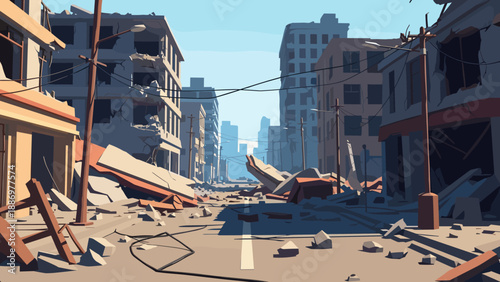Ruined city street with collapsed buildings and debris under a clear blue sky