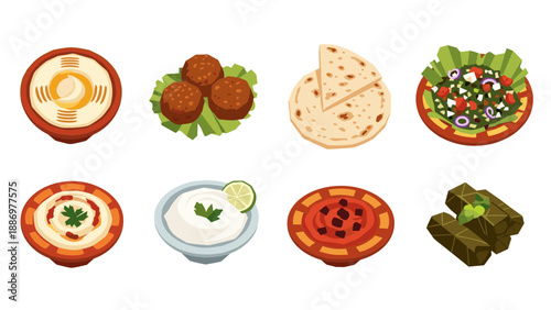 Assortment of delicious Middle Eastern dishes and appetizers presented in a flat design style
