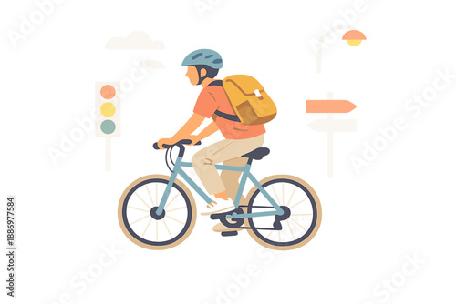 Cyclist riding a bicycle at a traffic signal in an urban setting during daytime