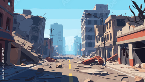 Ruined city street with collapsed buildings and debris after a disaster