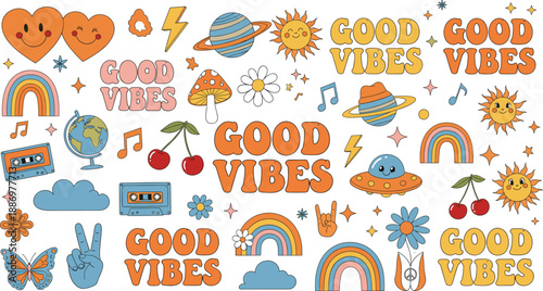 Good vibes sticker illustration set with rainbows hearts planets flowers and retro doodles for positive aesthetic designs