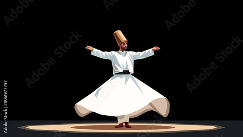 Whirling dervish performance in minimalist style on dark background