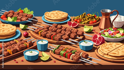 Assorted grilled kebabs and fresh salads on a wooden table with vibrant flat design