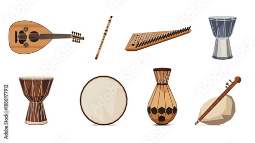 Collection of traditional Middle Eastern musical instruments on a white background