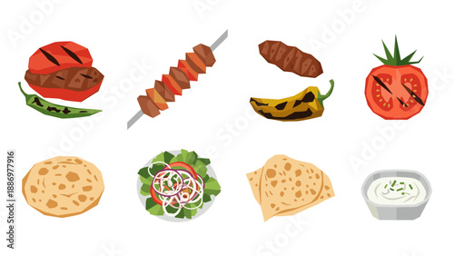 Collection of grilled meat, vegetables, flatbread, and salad, perfect for culinary themes