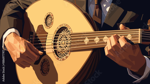 Geometric art of a musician playing an oud in low poly style