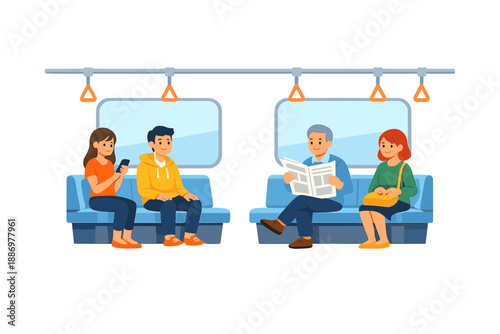 People sit in a subway train reading, talking and using a phone during a commute in a city setting on a weekday