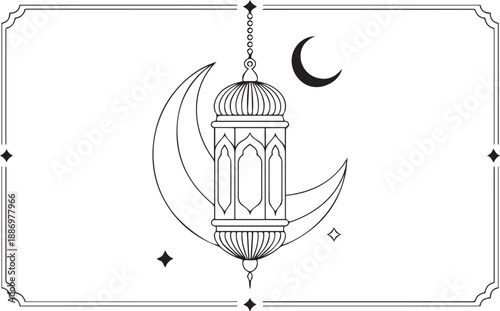 Ramadan hanging lantern crescent moon Islamic line