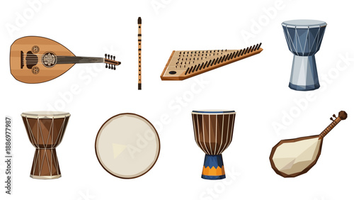 Traditional musical instruments collection: elegant illustrations of percussion and string instruments
