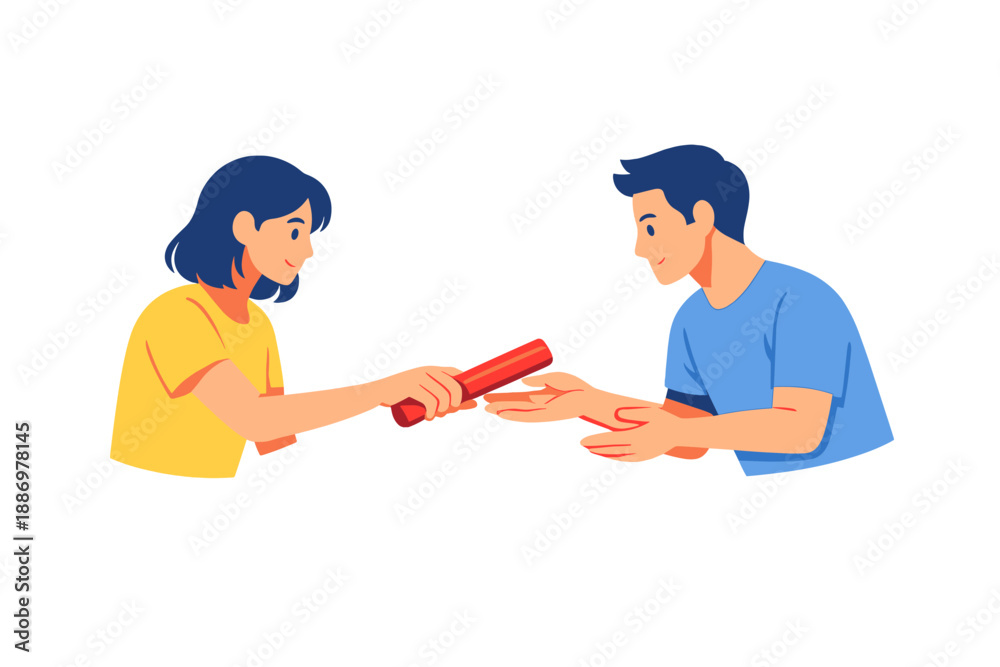 Fototapeta premium Two people passing a relay baton in a sports event during the day