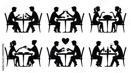 Romantic silhouettes showing, couples enjoying restaurant dinners and interacting during different date scenarios, capturing connection, romance, shared experiences