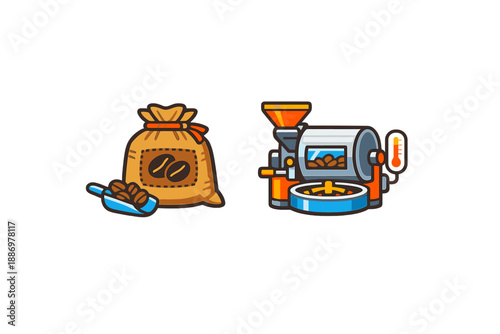 Coffee beans stored in a bag next to a machine used for processing and grinding coffee in a workspace environment