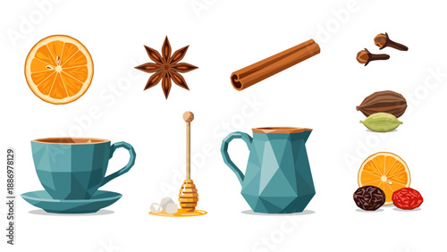 Geometric tea set with spices: modern 3d composition featuring citrus and star anise
