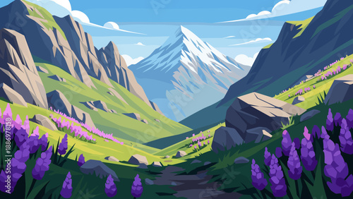 Majestic mountain landscape with lavender in a vibrant cartoon style