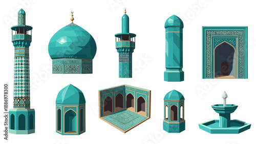 Geometric middle eastern architecture: mosque domes and minarets in low poly design