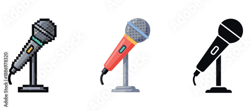 Three microphone styles: pixel art, modern, and silhouette icons on stands