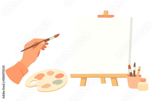 Artist prepares to create a work of art with a brush, palette, and blank canvas on an easel in a studio setting