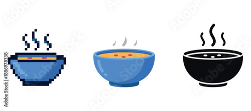Three iconic soup bowls: pixelated, cartoon, and silhouette styles
