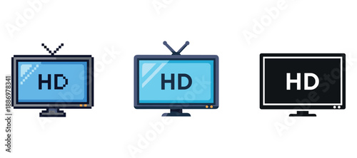 Comparison of three hd television icons in pixel art and modern design