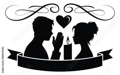 evening silhouettes, of a loving couple with a flickering candle and heart, framed by elegant swirls and blank banner, perfect for design elements and romantic projects.