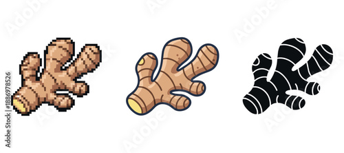 Pixel, cartoony, and silhouette ginger root variations in different styles