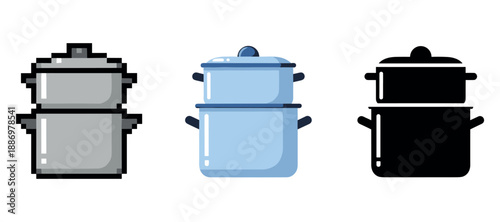 Pixel, cartoon, silhouette styles of cooking pots on white background