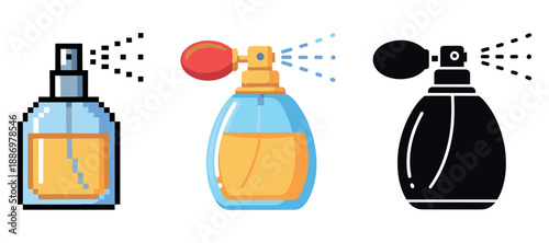 Set of stylish perfume bottles with various spray designs