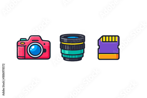 Different types of camera gear show a camera, a lens, and a memory card laid out in a simple format for easy viewing
