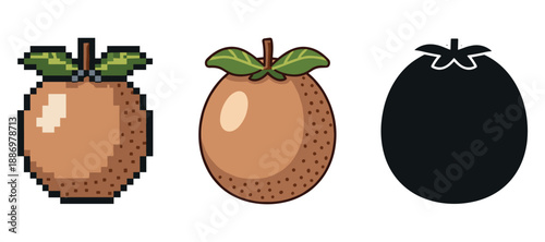 Pixel art to modern design transformation of sapodilla fruit with silhouette