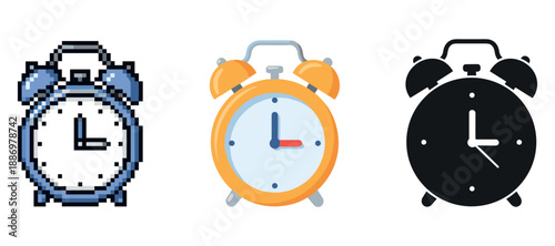Three styles of alarm clocks: pixelated, classic, and silhouette designs