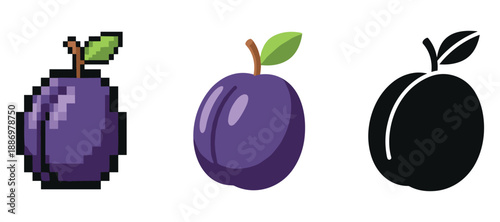 Pixelated, cartoon, and silhouette plums with leaves on white background