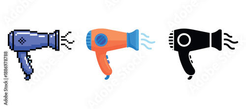 Three stylized hair dryers: pixel art, cartoon, silhouette designs