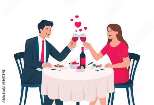 Couple enjoying, a romantic dinner, with wine and hearts decoration, celebrating love together at a cozy restaurant table for relationship and lifestyle concept.