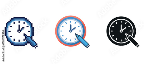 Pixelated, colorful, and monochrome clock icons with pencils indicating time