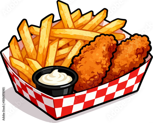 Fried Chicken Tenders and Golden Fries in Checkered Red Basket with Dipping Sauce – Cute Cartoon Vector