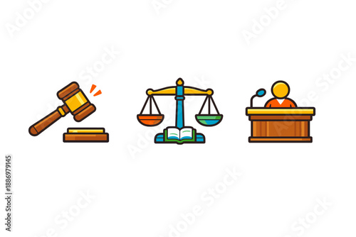 Court session takes place with a judge, scales of justice, and legal book during a trial process in a formal setting
