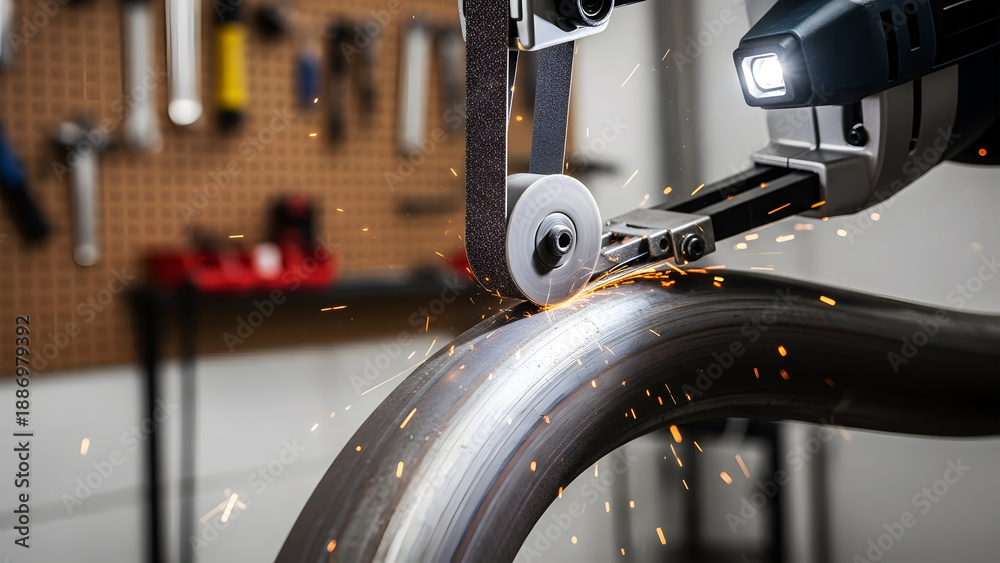 Obraz premium Belt Sander Grinding Metal Pipe with Sparks Flying in Workshop handheld photo