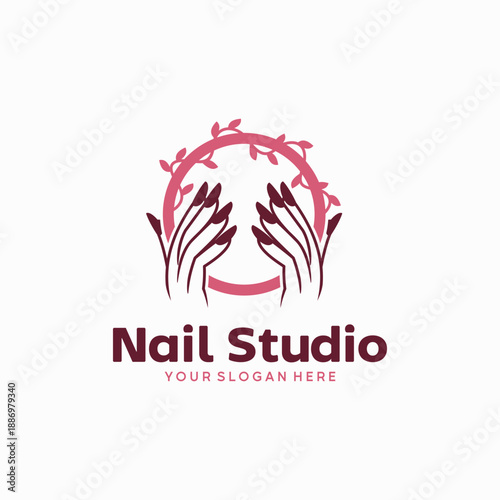 Professional nail studio logo with elegant hands circle ornament in clean modern vector style for manicure salon branding, beauty business identity, spa studio logo and cosmetic branding