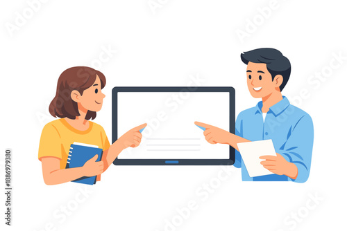 Two people discussing ideas in front of a digital screen during a group meeting at an office in the afternoon