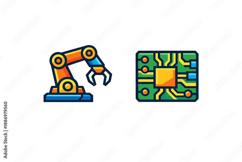 Fototapeta premium Robot arm and circuit board design show connection between automation and technology in modern manufacturing and engineering