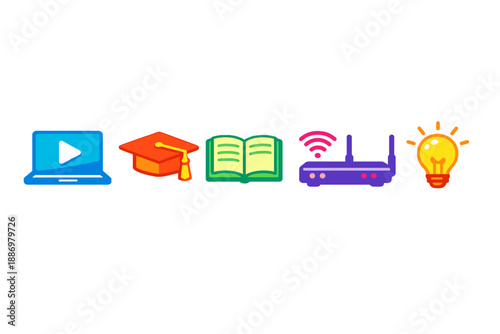 Icons represent online learning, education tools, and technology used at home for studies and projects