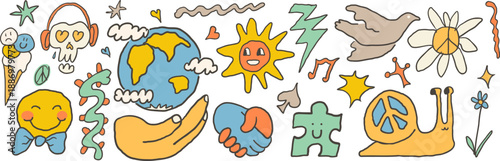 set of peace doodle elements in hand drawn style in vector. Elements for stickers, print, app, design, web site, label, poster, postcard