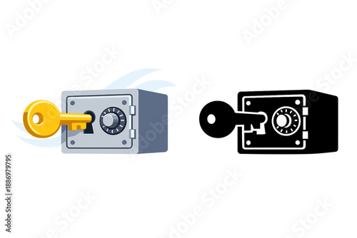 Key and safe showing secure access to valuable items in a simple design suitable for various purposes
